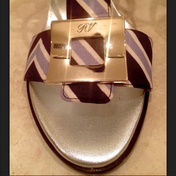 Roger Vivier Shoes - ROGER VIVIER Paris Heel Sandal Navy Lt Blue White Silk Silver US9 EU40 Italy NEW